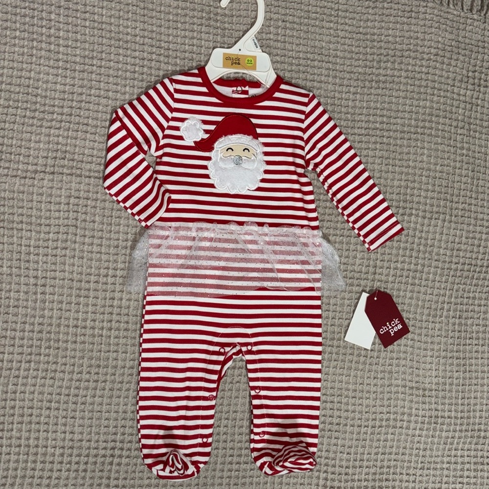 🌴🎅🏼🎄 Chick Pea Baby Girl Santa Footed Tutu Striped Coverall 0-3 Months